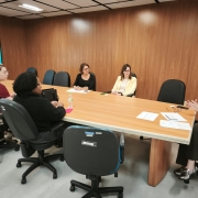 Vista ampla da mesma sala de reuniões, com seis mulheres sentadas em torno da mesa. A mulher à esquerda segue falando, enquanto as outras acompanham. A parede ao fundo é de madeira e o lado direito da sala tem janelas grandes com vista para o exterior. Há sofás e um ar-condicionado no canto.
