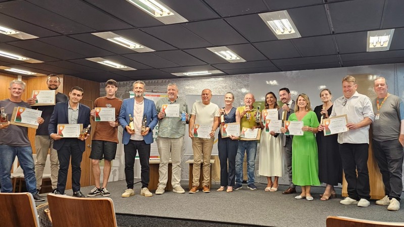 Homens e mulheres com certificados em m&atilde;os posam pra foto num palco. 